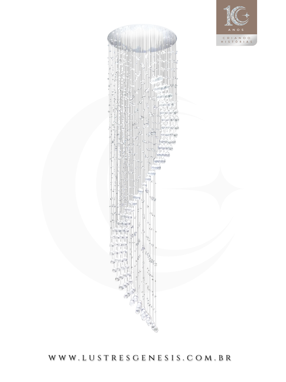 Lustre de cristal "Design S Rico" da Linha Kria, ideal para casas com pé direito duplo, composto por cristais K9 legítimos em formato espiral.